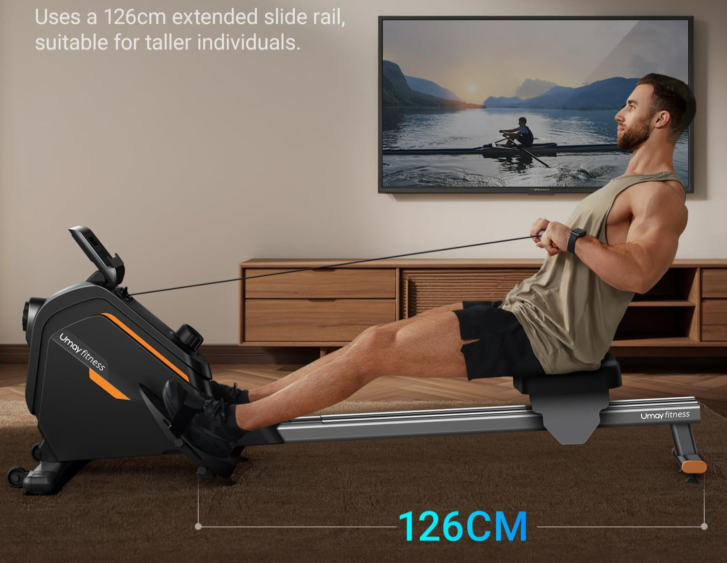 UMAY Rudergerät für Zuhause,mit Verlängertem Gleitprofil, 16-stufig Verstellbarem Magnetwiderstand, Geeignet für die Ganze Familie, Rowing Machine, Geräuscharm, Tragfähigkeit 160KG