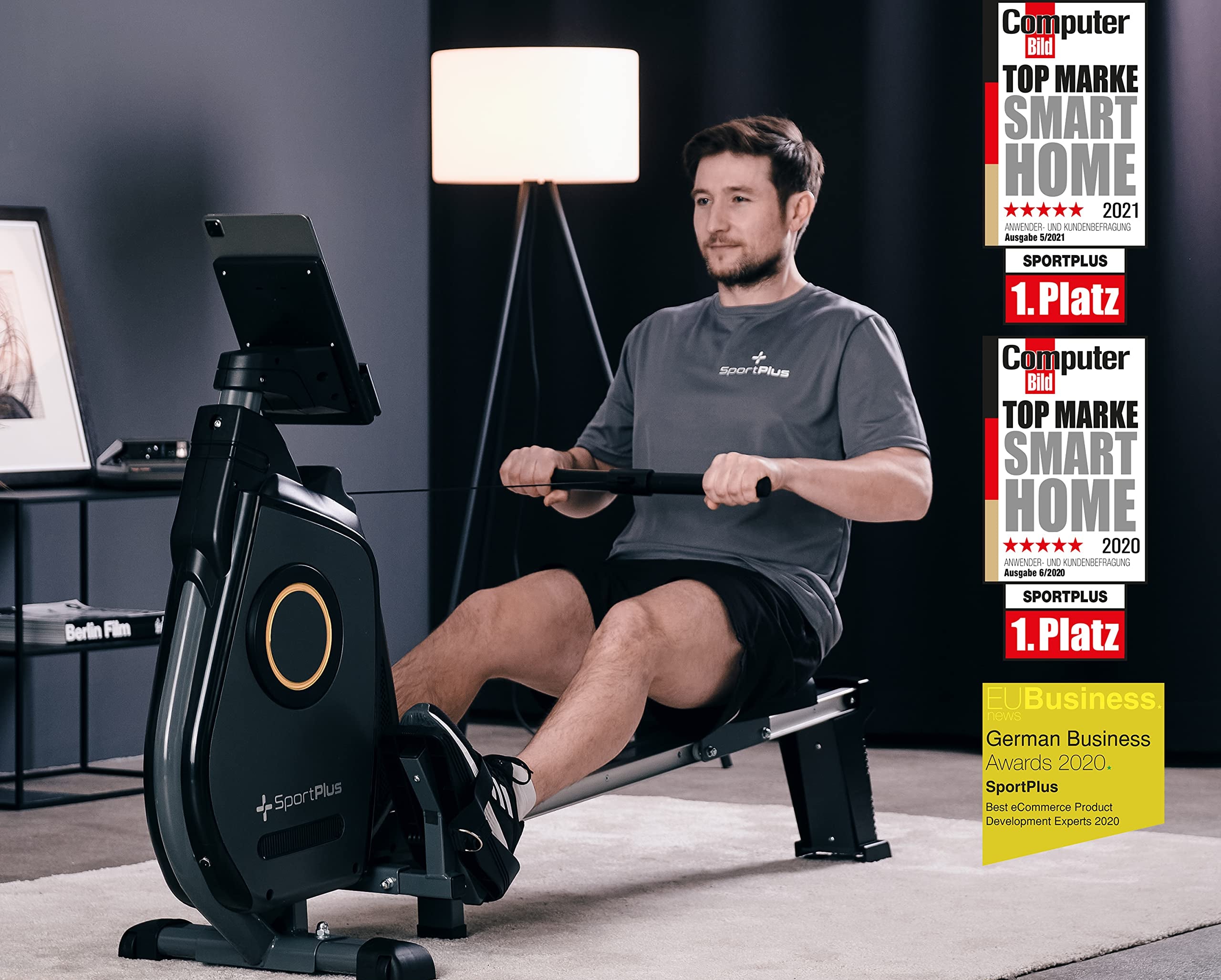 SportPlus Rudergerät für zuhause, Rudergerät klappbar mit App-Steuerung und 24-Stufen-Magnetbremse mit 8kg Schwungmasse, Maße: ca. 180x48x96,5cm (LxBxH); Klappmaße: 79x48x134cm (LxBxH)