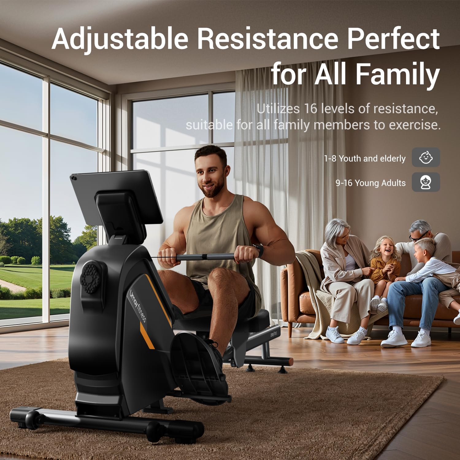UMAY Rudergerät für Zuhause,mit Verlängertem Gleitprofil, 16-stufig Verstellbarem Magnetwiderstand, Geeignet für die Ganze Familie, Rowing Machine, Geräuscharm, Tragfähigkeit 160KG