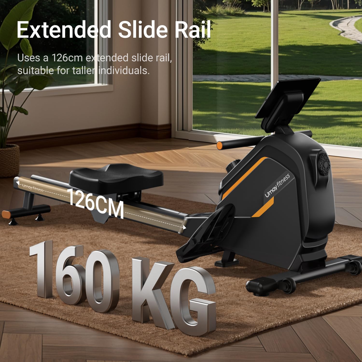 UMAY Rudergerät für Zuhause,mit Verlängertem Gleitprofil, 16-stufig Verstellbarem Magnetwiderstand, Geeignet für die Ganze Familie, Rowing Machine, Geräuscharm, Tragfähigkeit 160KG
