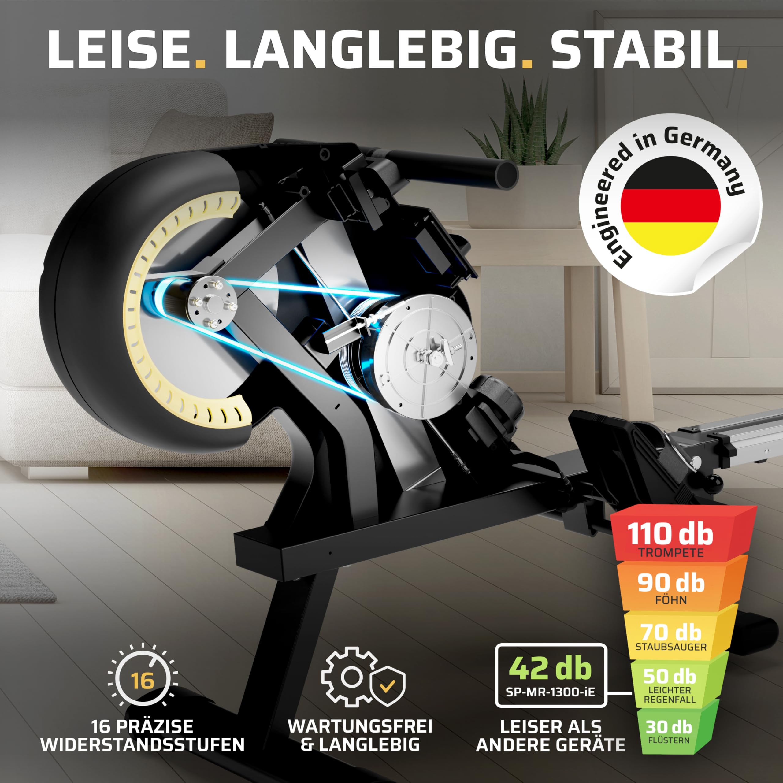 SportPlus Rudergerät für zuhause klappbar - Heimtrainer Rudergerät 8 Widerstandsstufen - leises Magnetbremssystem - Rudermaschine für zuhause - Designed in Germany - bis 150kg belastbar