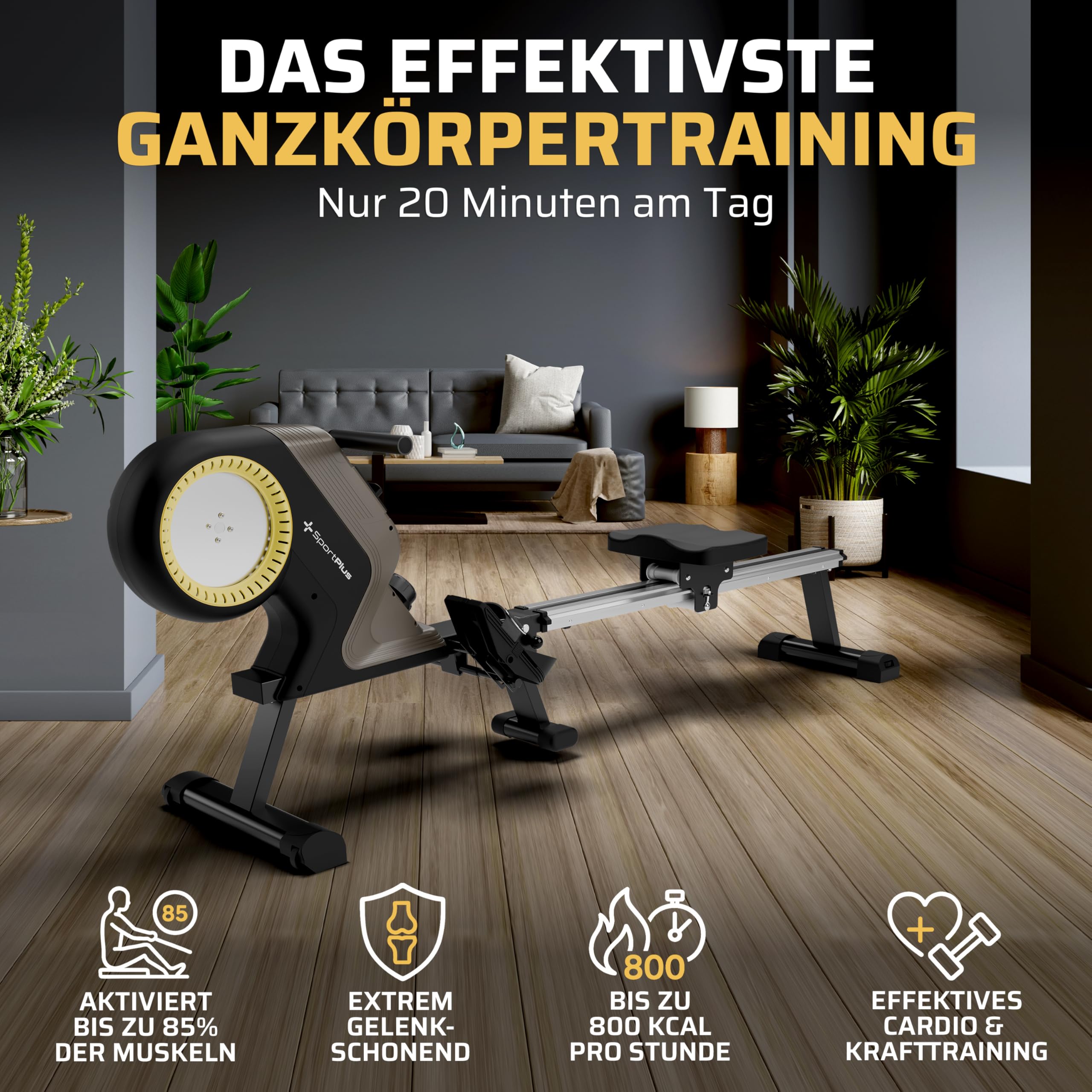 SportPlus Rudergerät für zuhause klappbar - Heimtrainer Rudergerät 8 Widerstandsstufen - leises Magnetbremssystem - Rudermaschine für zuhause - Designed in Germany - bis 150kg belastbar