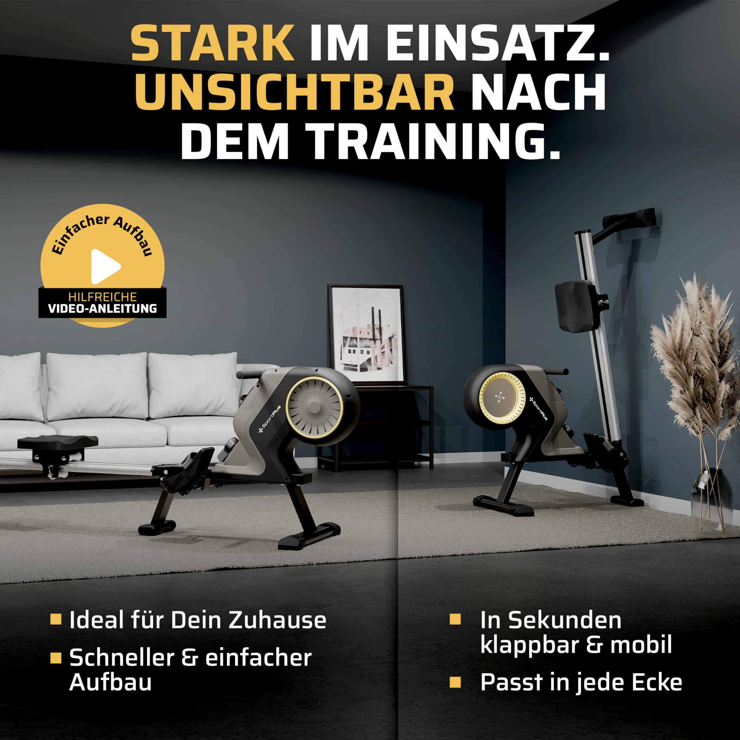 SportPlus Rudergerät für zuhause klappbar - Heimtrainer Rudergerät 8 Widerstandsstufen - leises Magnetbremssystem - Rudermaschine für zuhause - Designed in Germany - bis 150kg belastbar