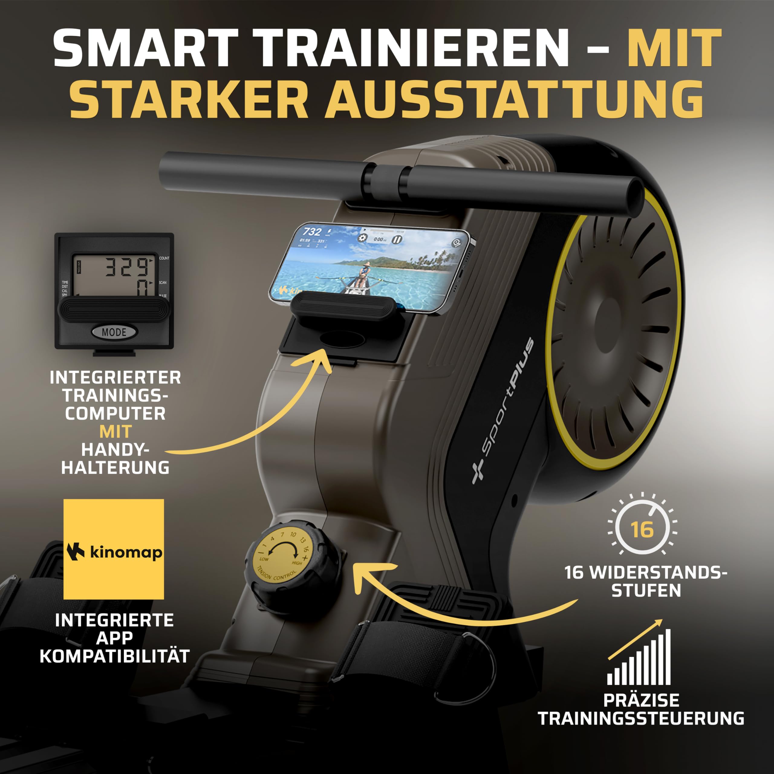 SportPlus Rudergerät für zuhause klappbar - Heimtrainer Rudergerät 8 Widerstandsstufen - leises Magnetbremssystem - Rudermaschine für zuhause - Designed in Germany - bis 150kg belastbar